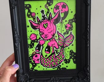 Celebrate! Original drawing ink on paper - Framed - Mermaid Skull Neon Pink Green - Cute Goth Lowbrow Art - x Gabbie Baez - One of a kind!