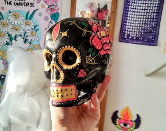 Crâne Mexicain En Céramique FANMEX - Tête De Mort Décorée Moyenne Bleu Foncé, Authentique Artisanat Mexicain