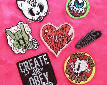Embroidered Designer Patches Sew On - Girl Power, Riot Cat, Eyes, Punk Rock - Create or Obey