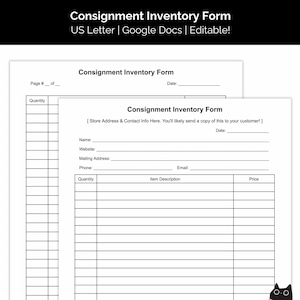 May include: A black and white printable consignment inventory form with a black cat illustration. The form includes sections for store address, contact information, date, quantity, item description, and price.