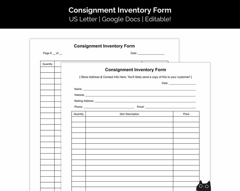 May include: A black and white printable consignment inventory form with a black cat illustration. The form includes sections for store address, contact information, date, quantity, item description, and price.