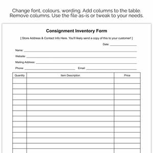 May include: A blank consignment inventory form with fields for name, website, mailing address, phone, email, date, quantity, item description, and price.