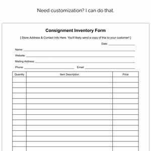May include: A blank consignment inventory form with fields for name, website, mailing address, phone, email, date, quantity, item description, and price.