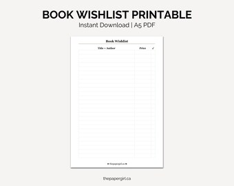 Book Wishlist Printable Template, Book Shopping Wishlist, Gift for