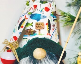 Handmade Fisherman Gnome with Fishing Rod and Catch | Lake Cabin Decor, Gift for Angler