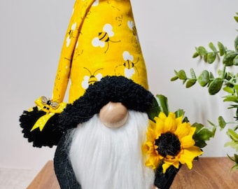 Gnomo abeja único, decoración de gnomo girasol hecha a mano, regalo para amantes de las abejas, decoración de bandeja escalonada de verano, regalo único