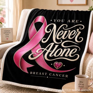 May include: A black throw blanket featuring a large pink breast cancer awareness ribbon, the text "YOU ARE Never Alone" in a decorative script font, a small pink heart graphic, and the text "BREAST CANCER" printed at the bottom.