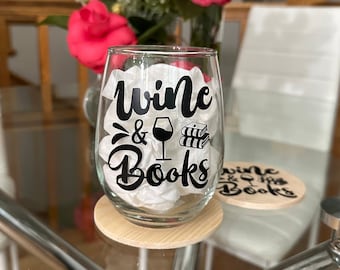 Book Wine Glass, bookish Stemless Wine Glass, bookish coaster, book lover wine glass , book lover coaster, book club gift, book nerd gift.