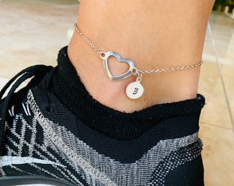 Anklet heart personalized bracelet, initial anklet, custom letter anklet bracelet, heart anklet, stainless steel silver heart anklet