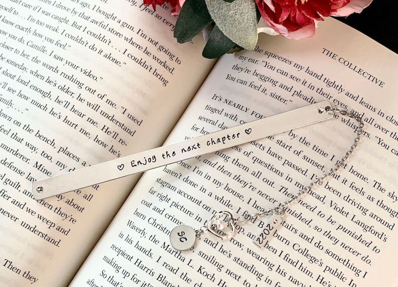 Personalized metal Bookmark, Retirement Gift For Women, Enjoy The Next Chapter, Graduation, wedding bookmark. image 1