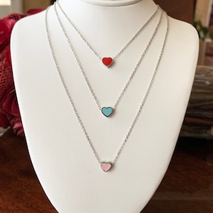 Heart  Enamel charm Necklace, delicate dainty small sky blue, mint green, pink, red enamel,  minimalist romantic Valentine&#39;s love girlfriend