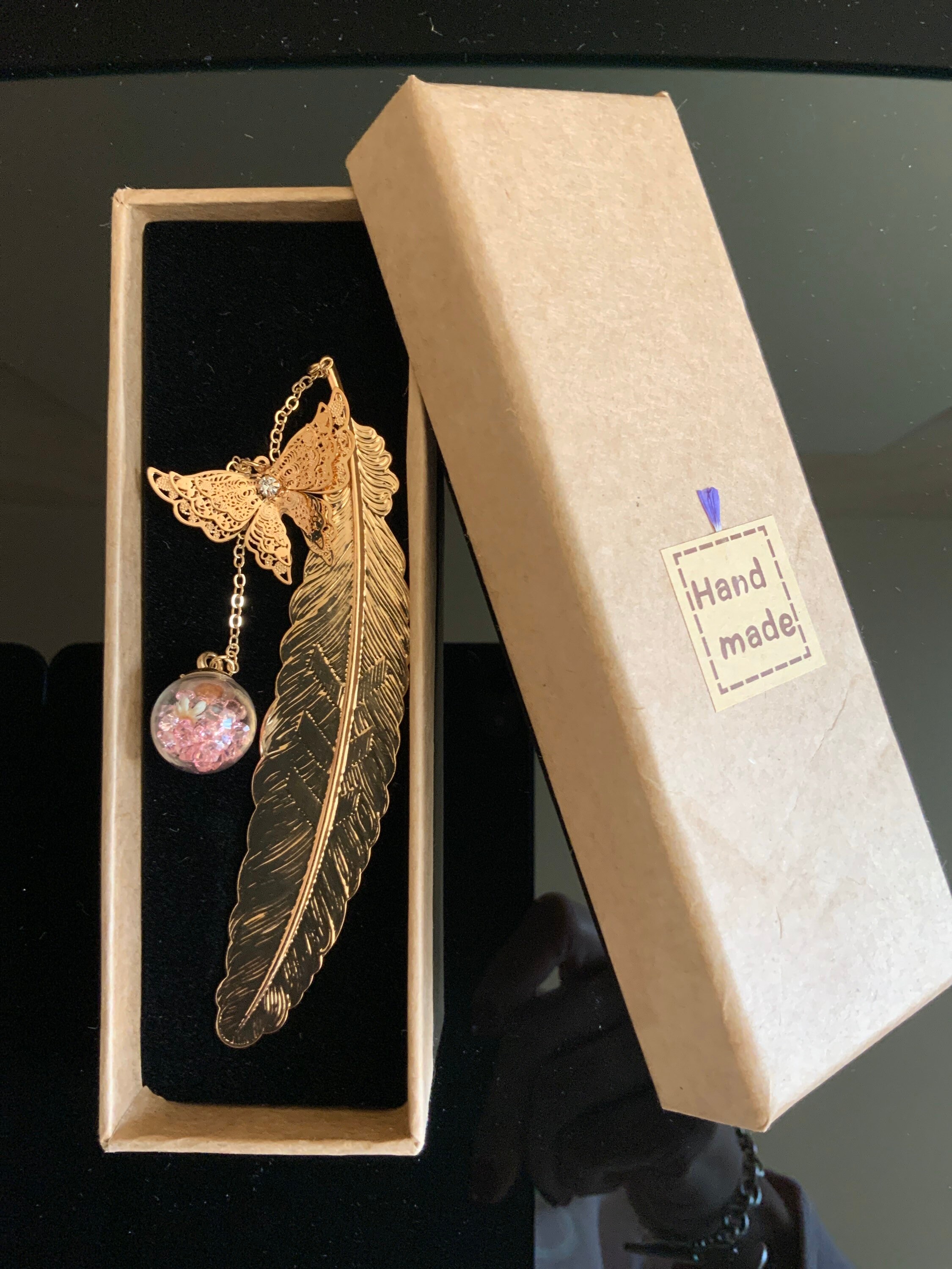 Gold metal feather bookmark with butterfly and flower pendant Etsy