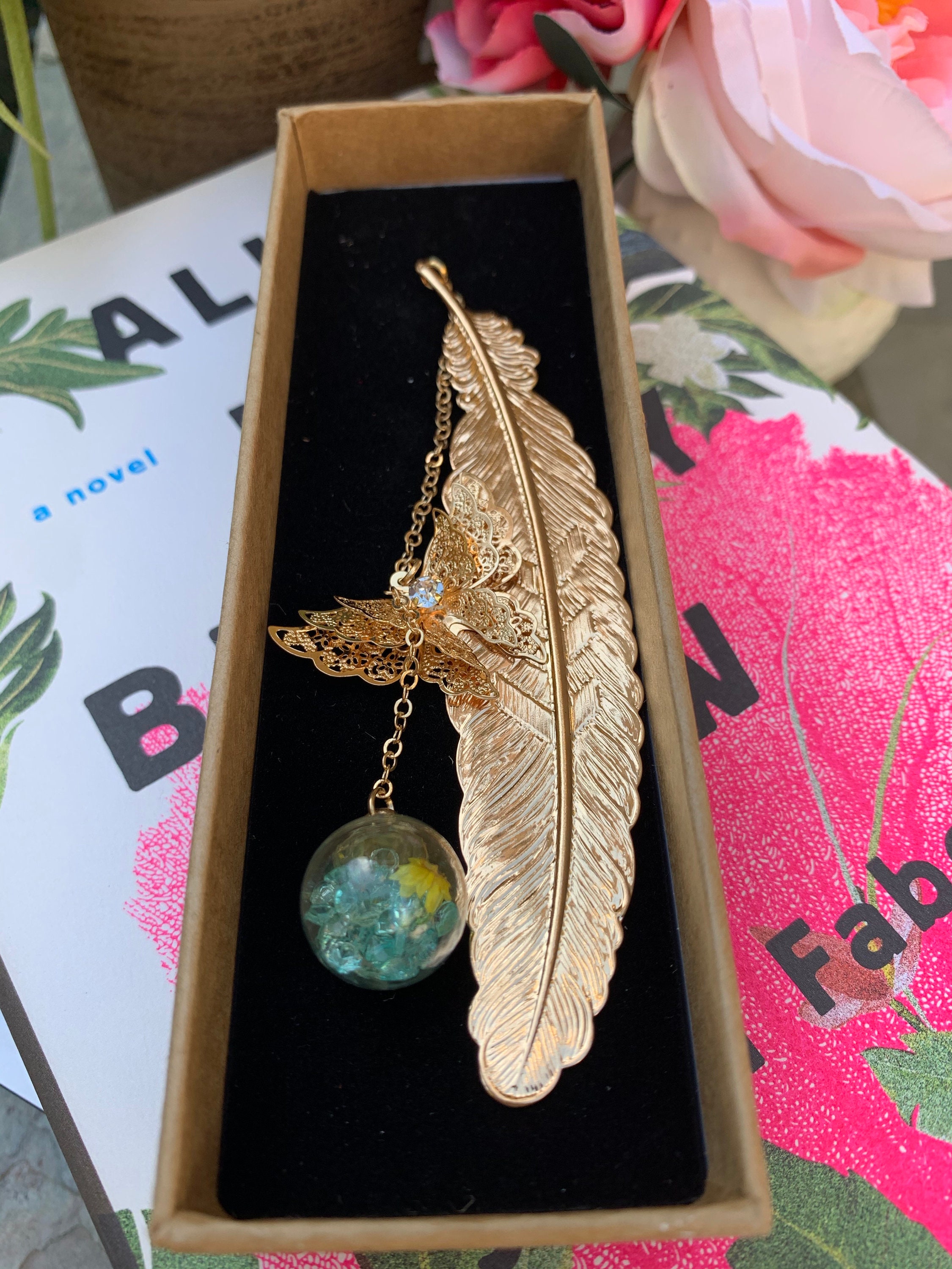 Gold Metal Feather Bookmark With Butterfly and Flower Pendant Etsy UK