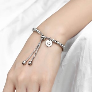 Initial beads ball charm bracelet, initial heart charm bracelet, silver beaded personalized charm bracelet, couple initial bracelet