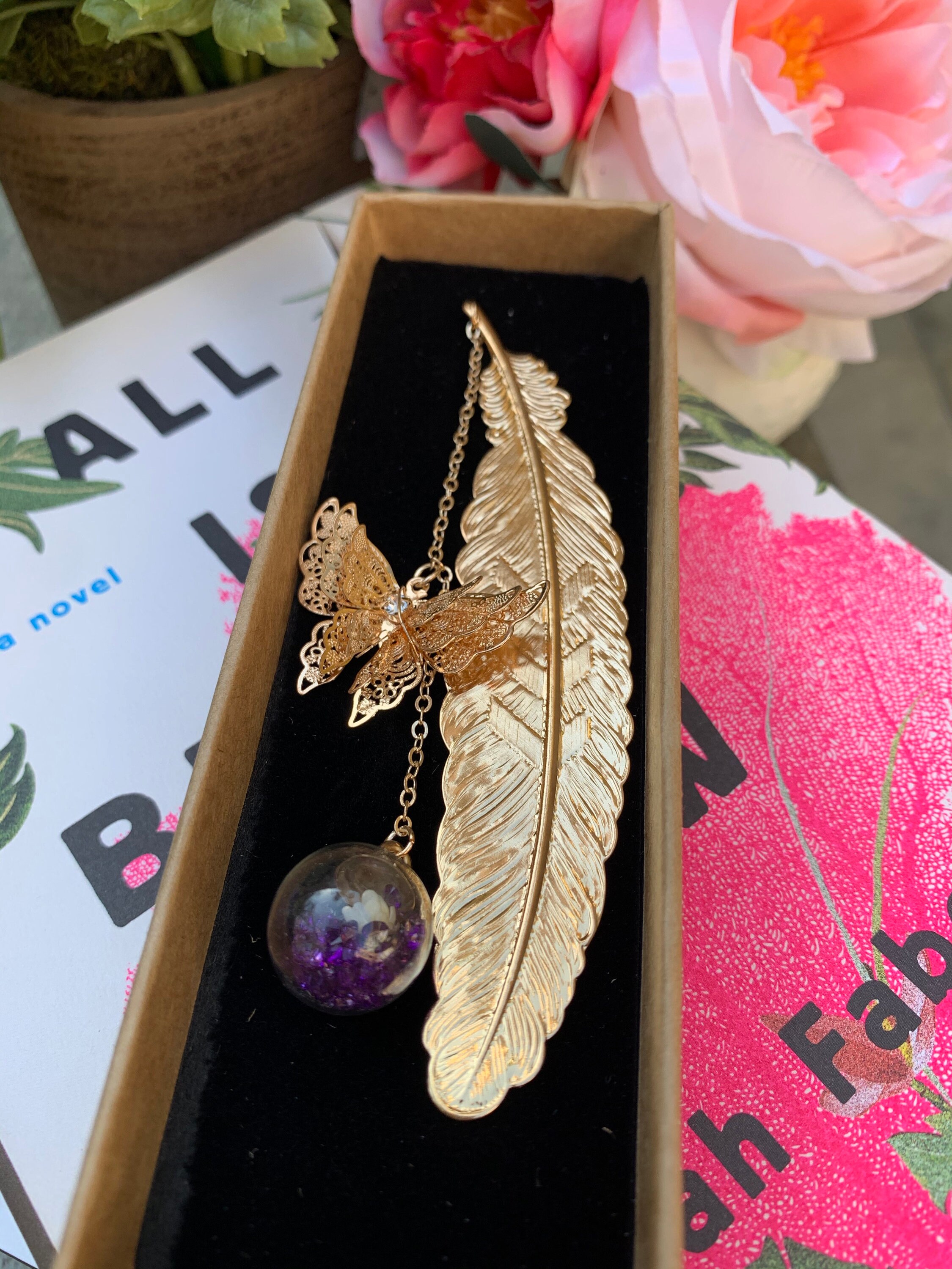 Gold Metal Feather Bookmark With Butterfly and Flower Pendant Etsy UK