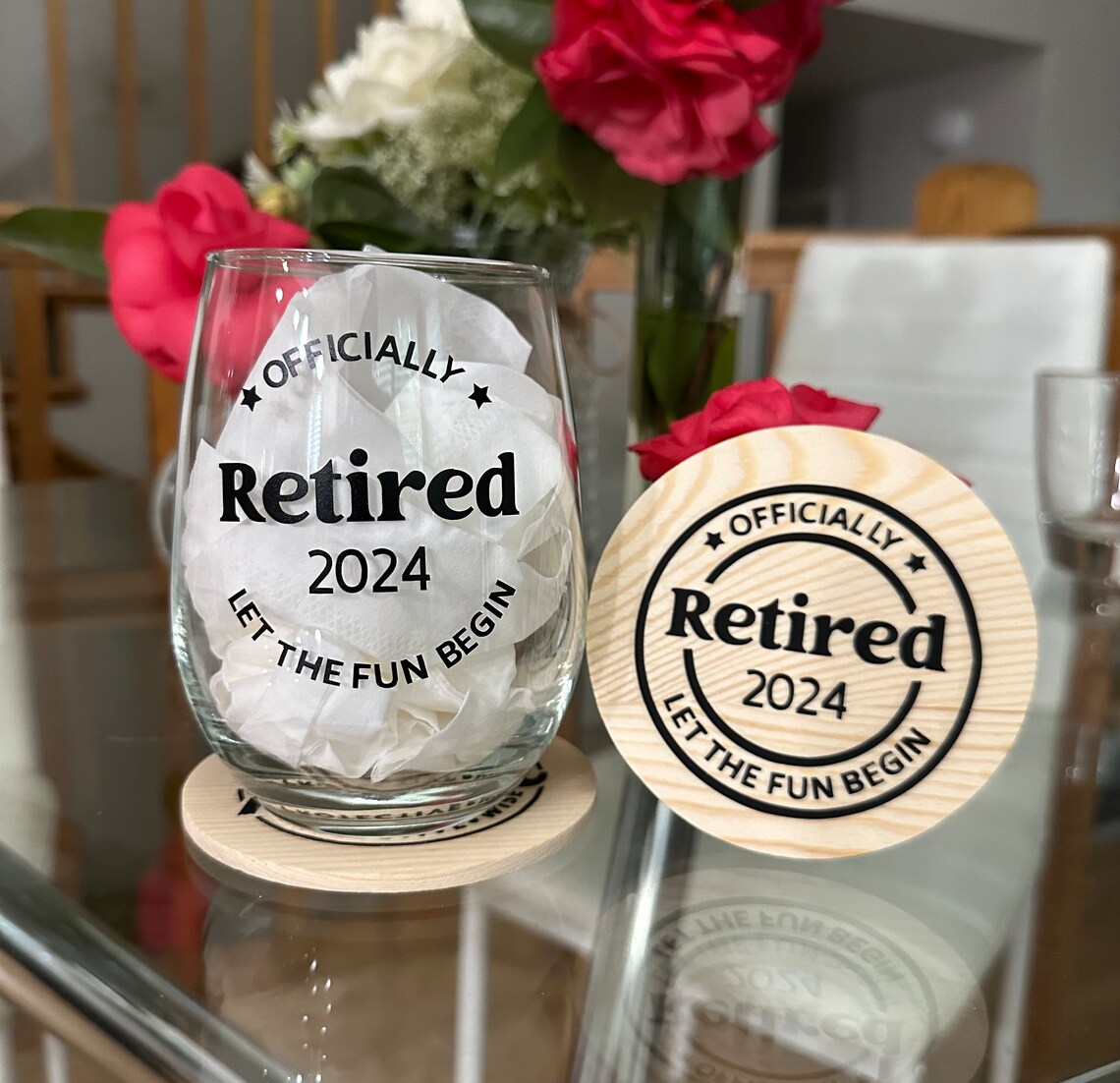 Retirement Glass Personalized Retirement Wine Glass: UV DTF Gift With Optional Coaster ...