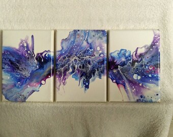 4 x 12 Abstract Art THREE Original Triptych Acrylic Dutch Pour Painting Ocean Coral Teal Blue Silver Cerulean Reef 3