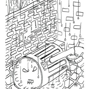May include: Black and white line drawing of a brick wall with a drainpipe and a round object with a face. The drainpipe is leaking water and the round object is dripping with water. The drawing is titled "The Stray" by Aaron Babel and includes the website "www.steamponydesign.com" and the copyright "&copy;2020 Steam Pony Design".