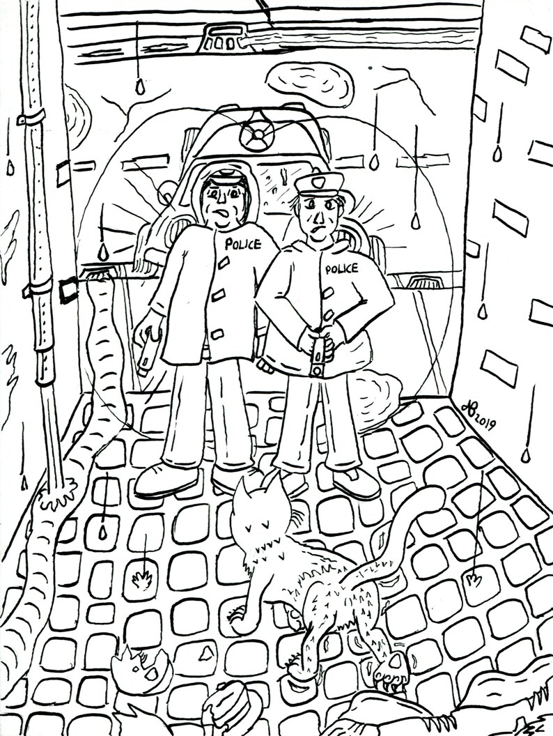 May include: A black and white line drawing of two police officers standing in a tunnel. The officers are wearing hats and jackets with the word "POLICE" written on them. A cat is sitting on the ground in front of the officers. The drawing is on a white background.