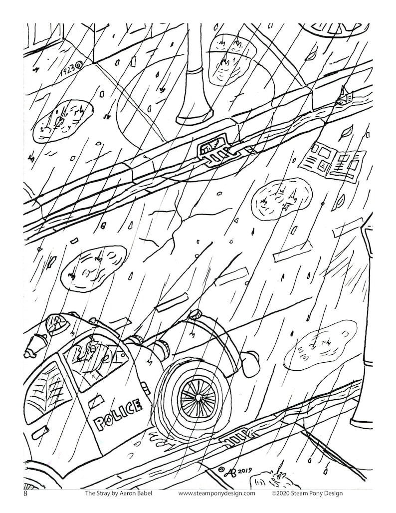 May include: A black and white line drawing of a police car driving through a rainy city street. The car has the word "POLICE" written on the side. The drawing is in a cartoon style.