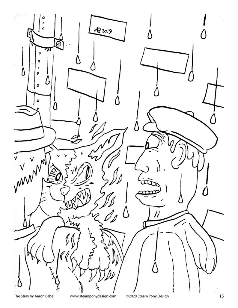 May include: A black and white line drawing of a man with a surprised expression, wearing a hat and a long coat, standing next to a creature with sharp teeth and claws. The creature is on fire and the man is holding his hands up in a gesture of fear. The drawing is set against a background of rain.
