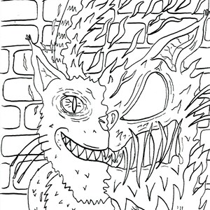 May include: Black and white line art drawing of a cat with a monstrous, demonic face emerging from its back. The cat is grinning with sharp teeth, while the demonic face has a fierce expression with sharp teeth and claws. The drawing is set against a brick wall background.