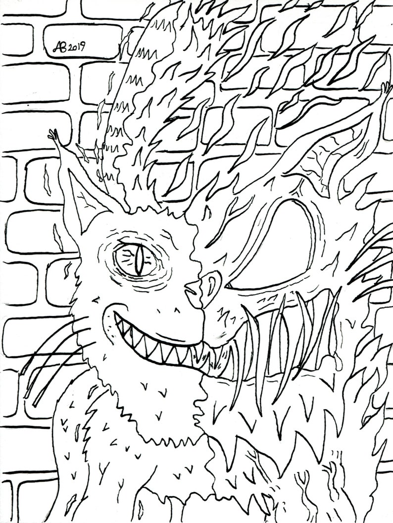 May include: Black and white line art drawing of a cat with a monstrous, demonic face emerging from its back. The cat is grinning with sharp teeth, while the demonic face has a fierce expression with sharp teeth and claws. The drawing is set against a brick wall background.