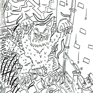 May include: A black and white line drawing of a werewolf attacking a police officer. The werewolf has sharp claws and teeth. The police officer is holding a nightstick and is trying to defend himself.