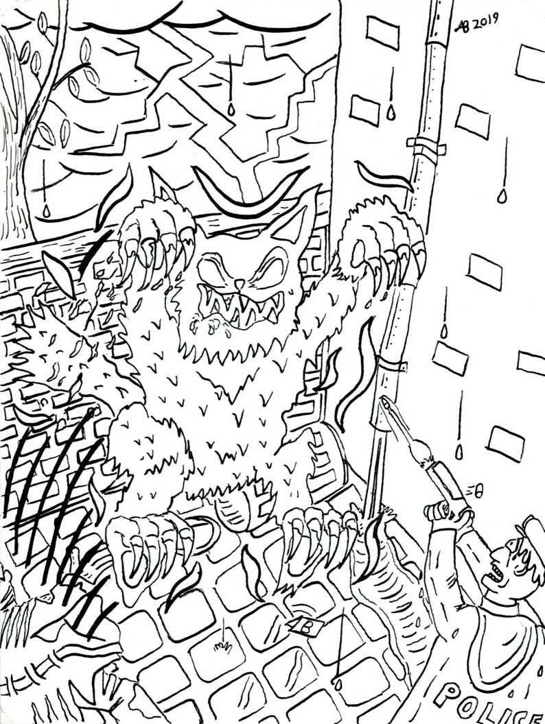 May include: A black and white line drawing of a werewolf attacking a police officer. The werewolf has sharp claws and teeth. The police officer is holding a nightstick and is trying to defend himself.