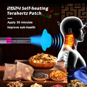 May include: A blue self-heating patch with the text "2024 Self-heating Terahertz Patch" and "Apply 30 minutes Improve sub-health". The patch is being used on a person's neck, and the image shows a close-up of the patch and the person's neck.
