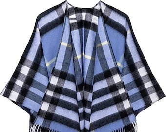 Edinburgh Cashmere 100% Pure Lambswool Check Cape 124x125cm. Featured in Vogue GQ, Tatler and Grazia | Winter Wear & Apparel, Light Blue