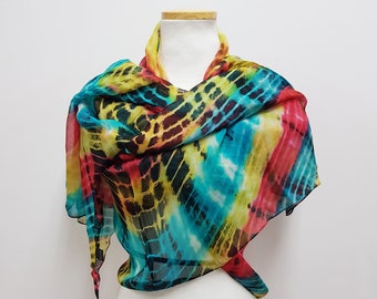 Hand dyed silk chiffon scarf / Turquoise Yellow Red Black Colors