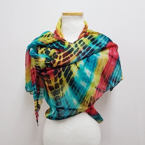 Hand dyed silk chiffon scarf / Turquoise Yellow Red Black Colors