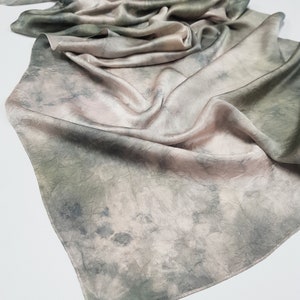 Tie dye Silk Satin Scarf / Olive green, Light Beige Colors / 100% Silk