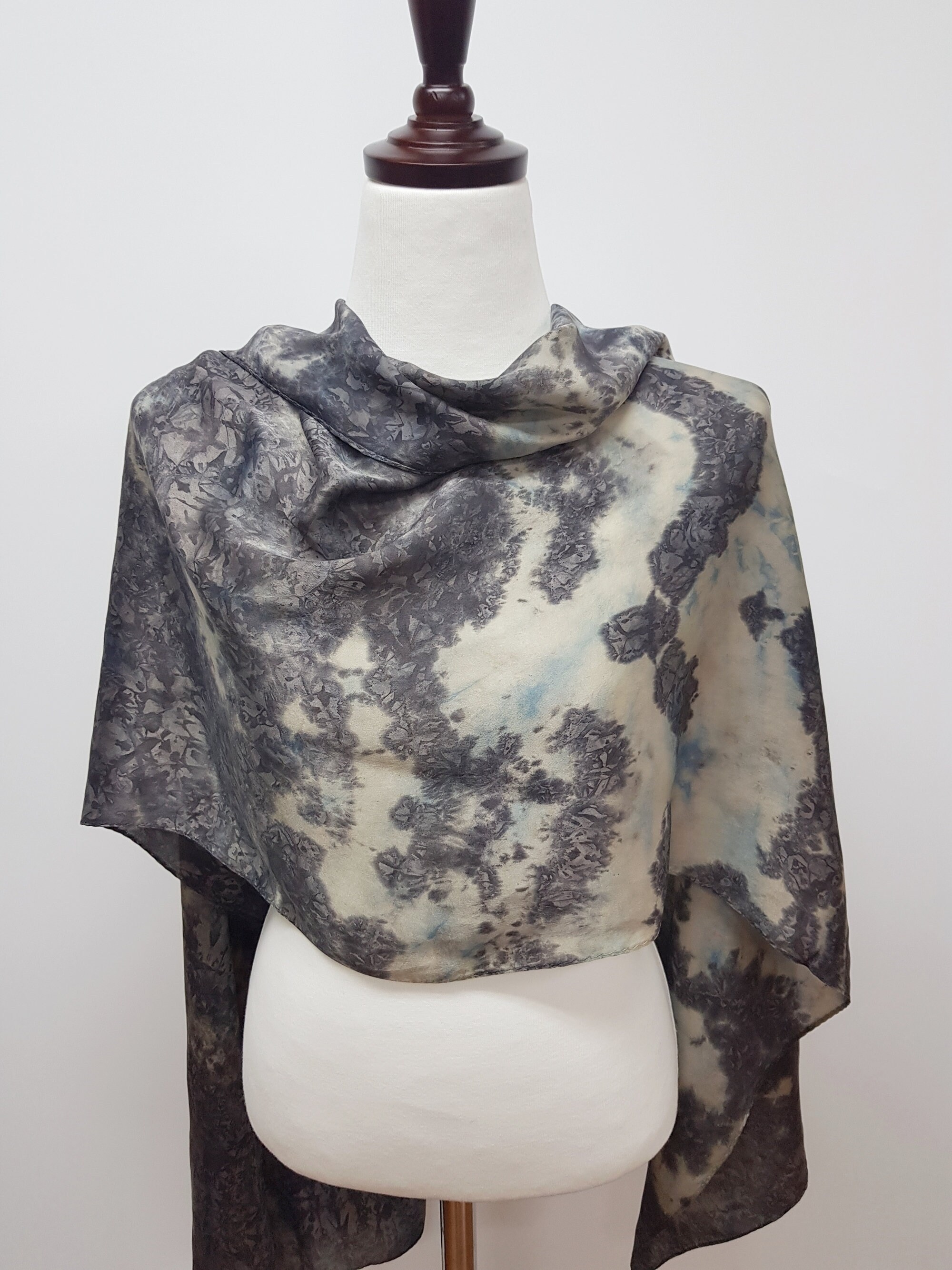 Natural Gallnut Indigo Dyed Scarf / Tiedye Silk Scarf / Soft Silk Satin