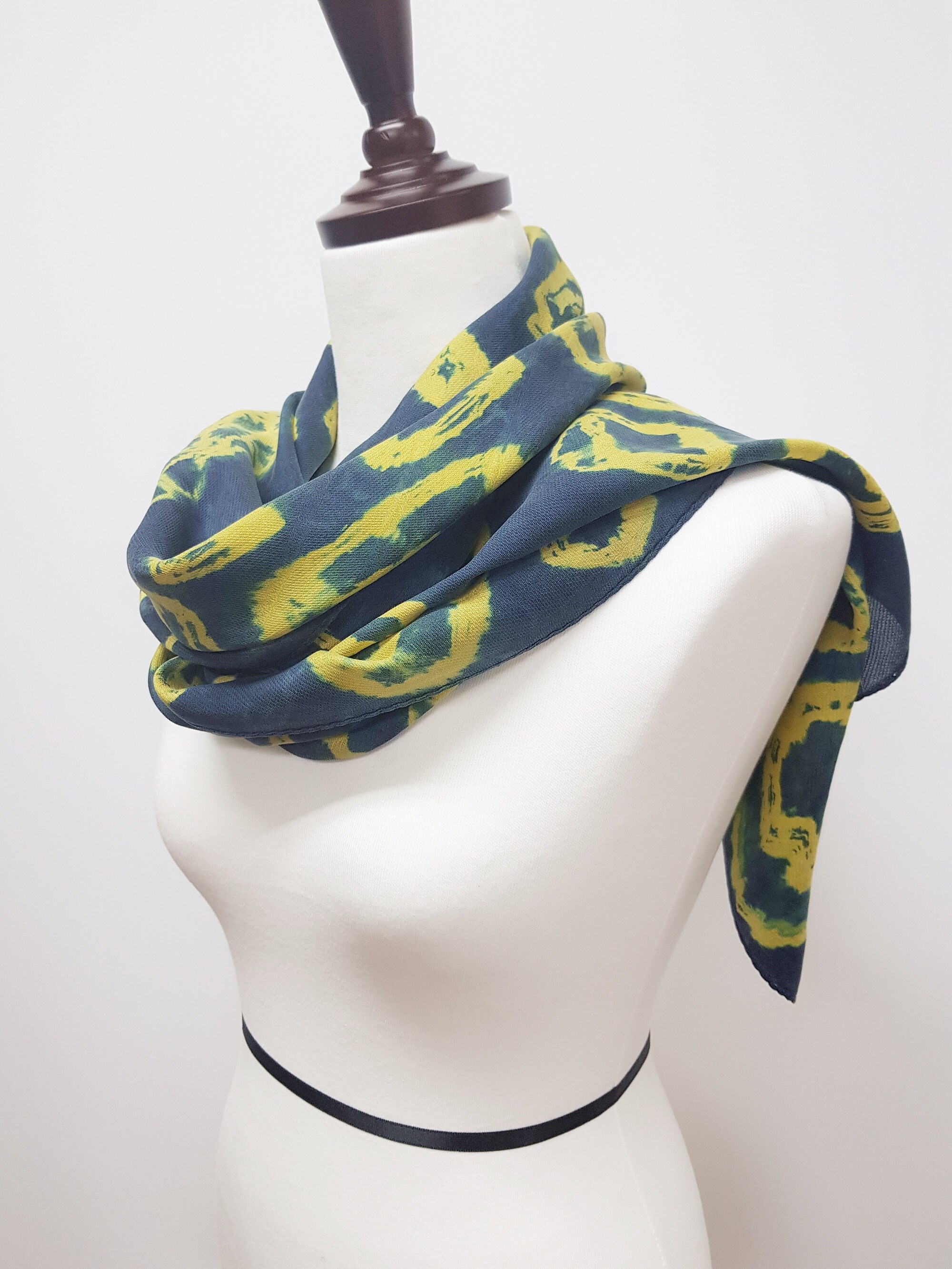 Natural Indigo Dye Scarf/ Tie Dye Mesh Twill Silk Scarf / Hand Dyed