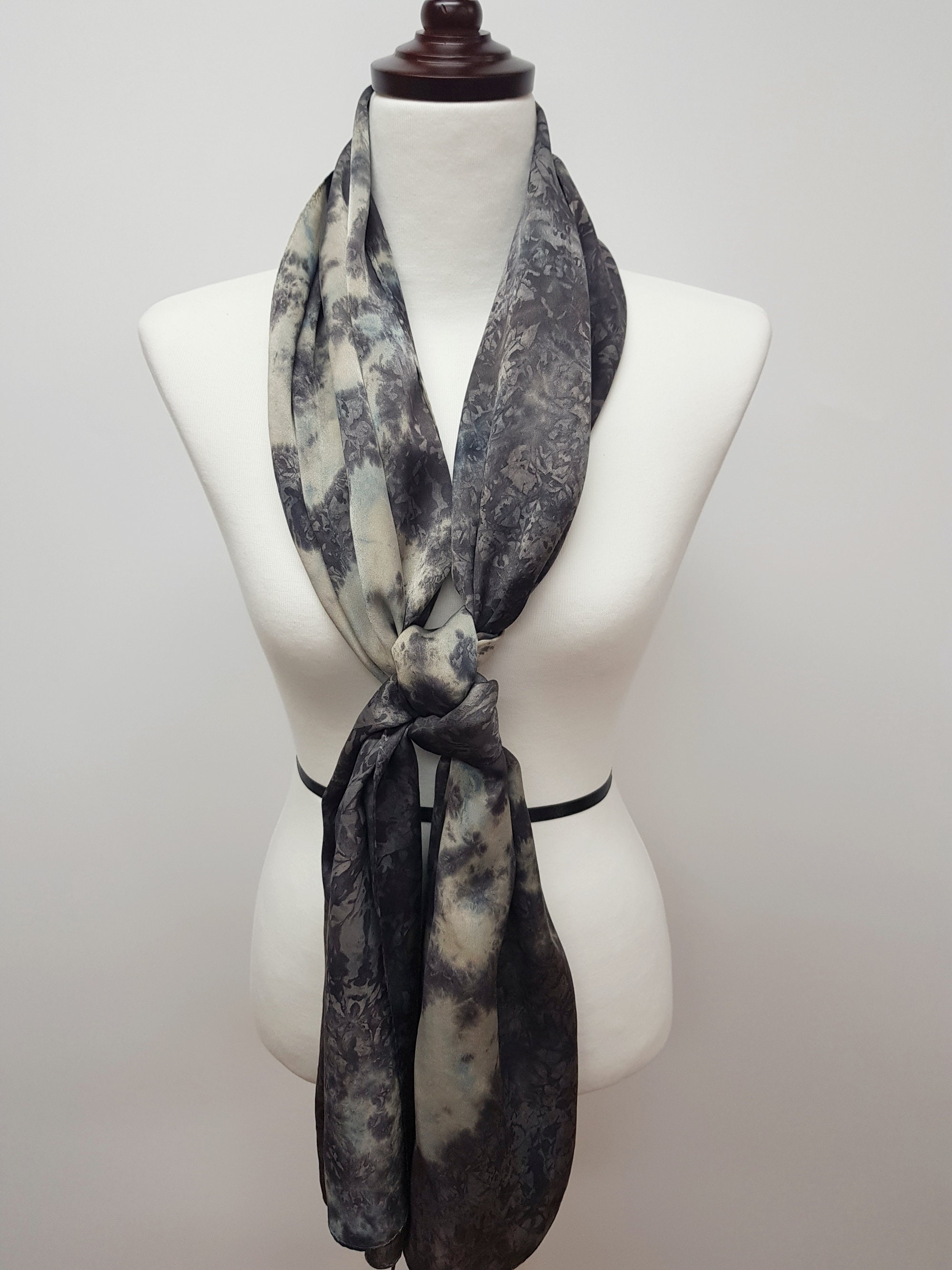Natural Gallnut Indigo Dyed Scarf / Tiedye Silk Scarf / Soft Silk Satin