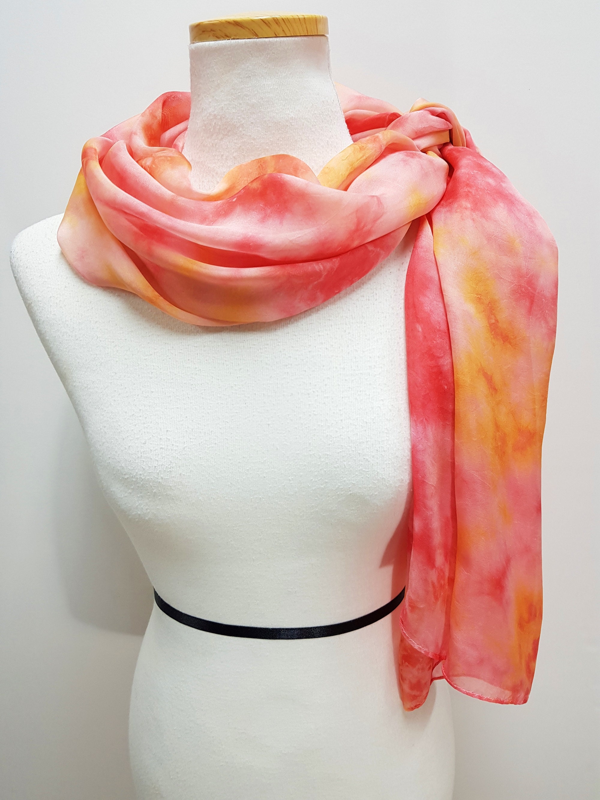 Hand dyed silk chiffon scarf  Indi Pink  Yellow Orange Colors
