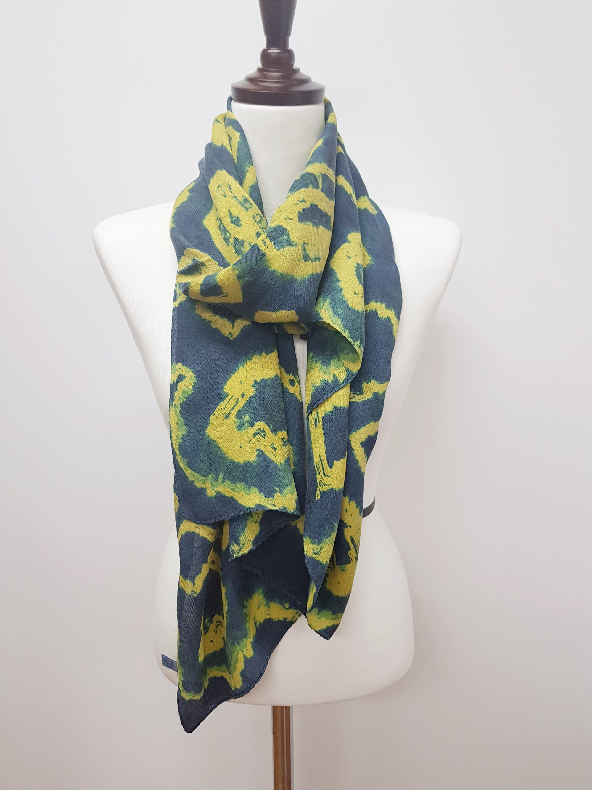 Natural Indigo Dye Scarf/ Tie Dye Mesh Twill Silk Scarf / Hand Dyed