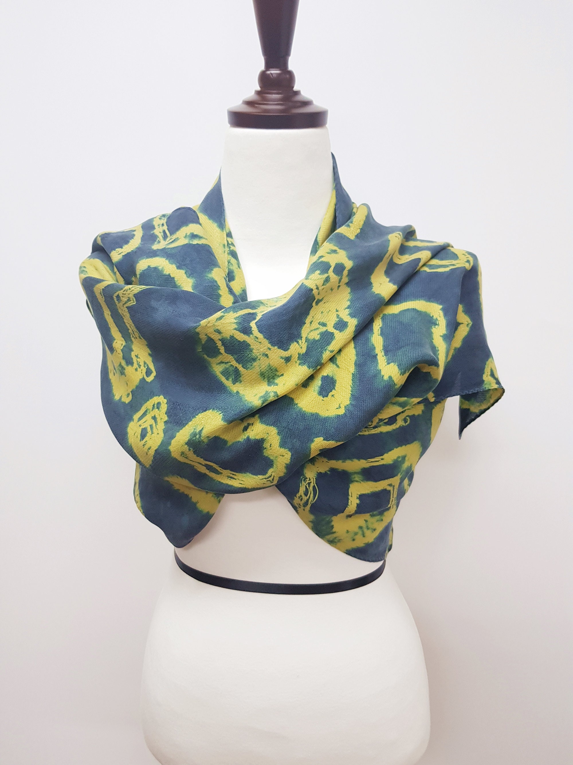 Natural Indigo Dye Scarf/ Tie Dye Mesh Twill Silk Scarf / Hand Dyed