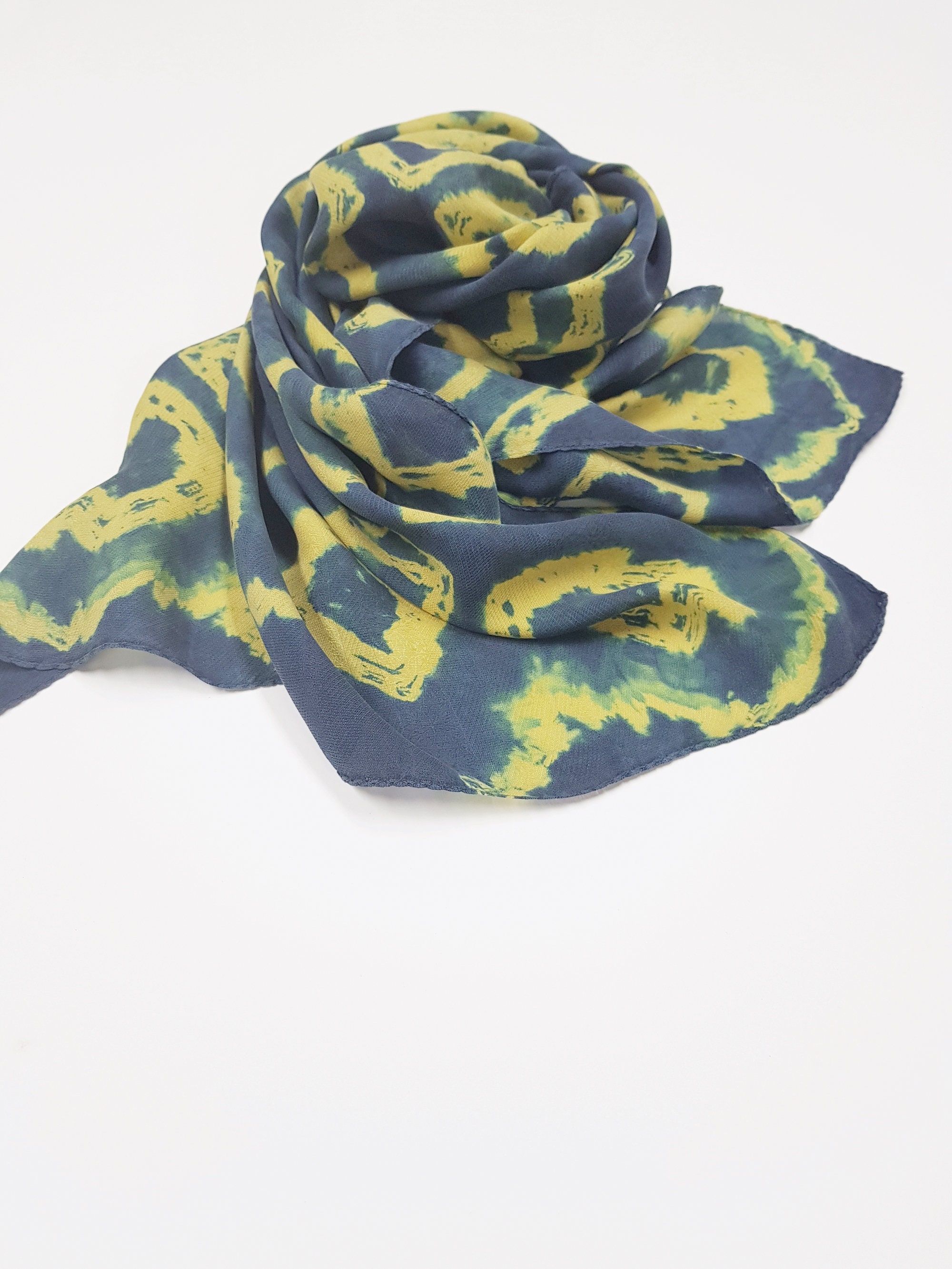 Natural Indigo Dye Scarf/ Tie Dye Mesh Twill Silk Scarf / Hand Dyed