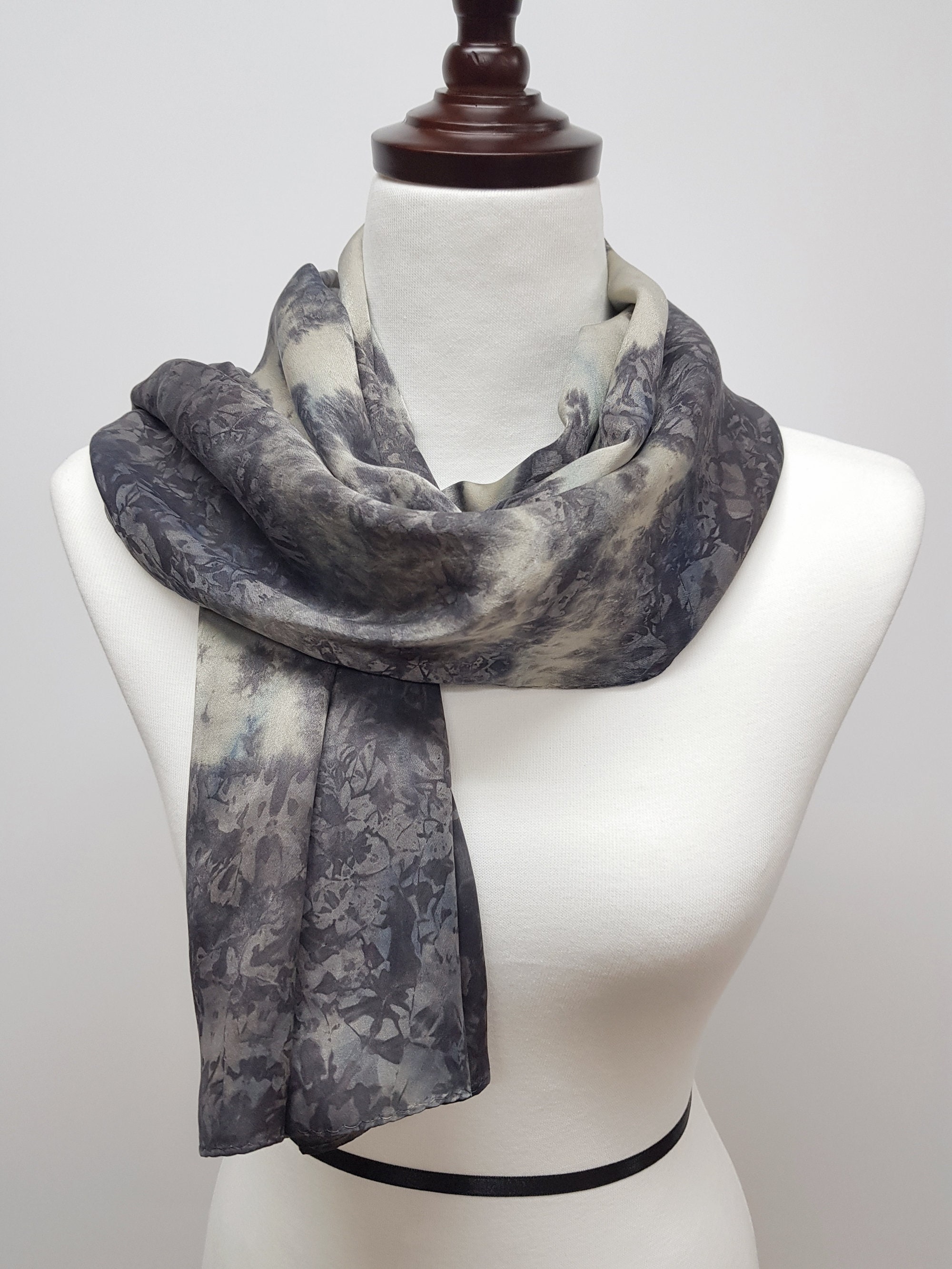 Natural Gallnut Indigo Dyed Scarf / Tiedye Silk Scarf / Soft Silk Satin