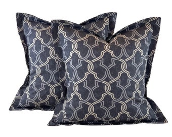 Pair P Kaufmann Waverly Gray Fretwork Geometric Lattice Trellis Pillow Covers