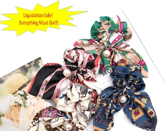 Hair Scarf Scrunchie - Big Floral Hair Tie With Big Bow Bowknot and Silky Pearl