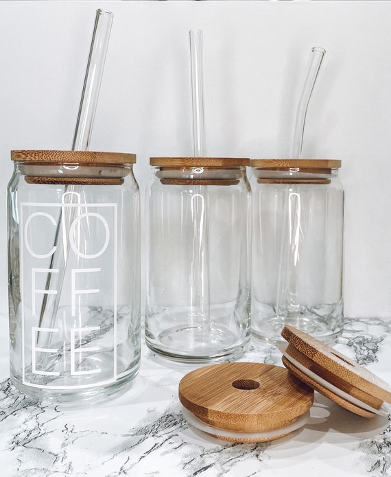 beer can glass with bamboo lid