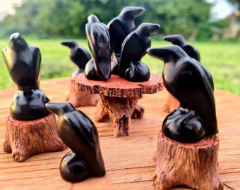 May include: A set of seven black crow figurines, each perched on a small wooden stump. The crows are carved from polished black stone and have a realistic appearance. The stumps are painted in shades of brown and red, adding a touch of rustic charm.