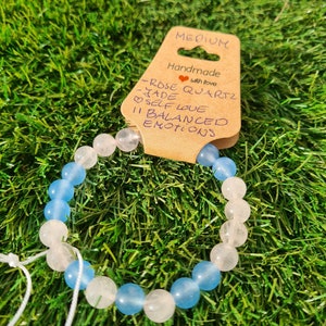Pulsera de curación de cuarzo rosa y jade azul: superación de ansiedad y trauma, amor propio y pulsera de amor, equilibrio emocional