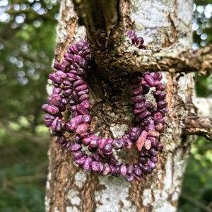 May include: A multi-strand bracelet composed of numerous small, irregular, deep magenta-coloured gemstone chips. The beads are strung together in a continuous loop, displaying varied textures and shades of purple and pink throughout the piece.