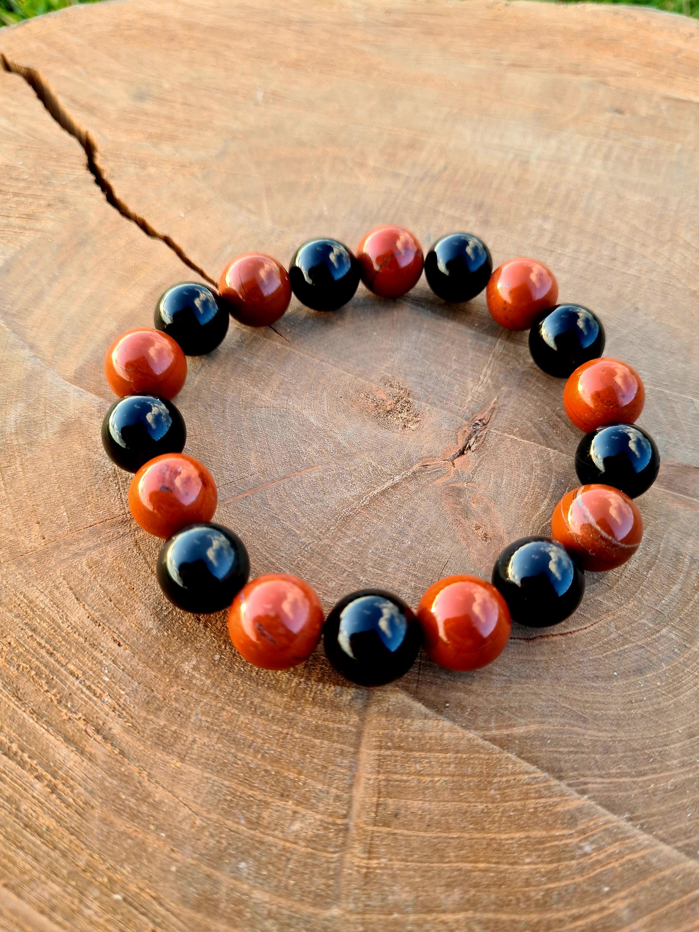 Black Obsidian & Red Jasper 12mm Crystal Bracelet - Grounding