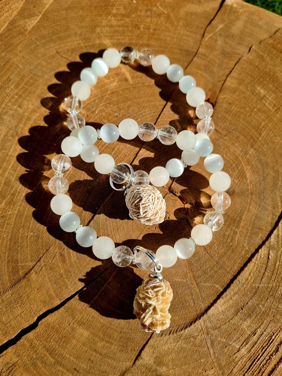 Magical Crystal Desert Rose Bracelet With Selenite, Clear Quartz